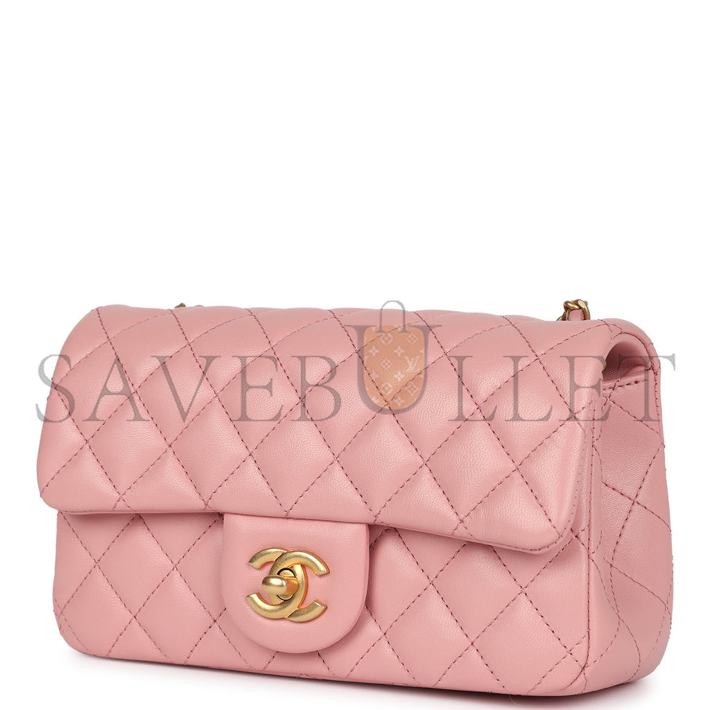Ch*el master large mini pearl embossed rectangular flap dark pink lambskin brushed gold hardware (20*13*7cm)